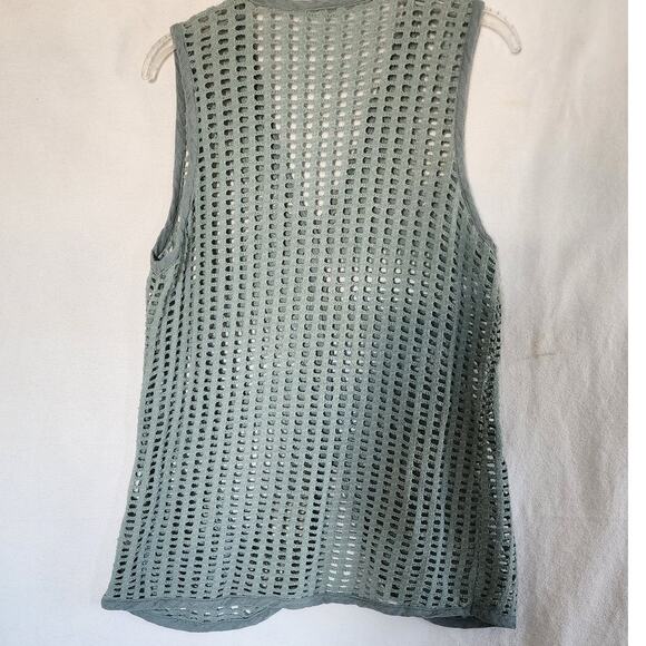Vintage Moss Green Cotton Openwork knit Stitch Vest with Abalone Button W SZ Sm - Picture 2 of 6